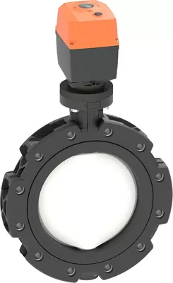 Lug-Style Endeinbau Absperrklappe Typ 565L PVDF/PA-GF  Mit elektrischem Antrieb 230V Flansch Norm ANSI / ASTM / ASME Geeignet für ABS, PVC-U, PVC-C, ecoFIT, COOL-FIT und PROGEF Systeme