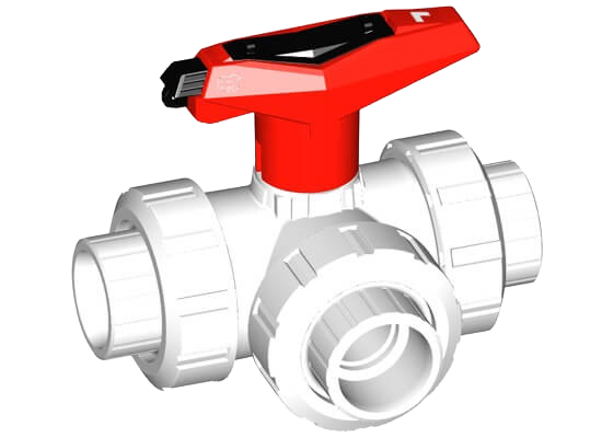 3-Way ball valve type 543 SYGEF Standard, horizontal, L-port, with fusion sockets metric, with lockable handle