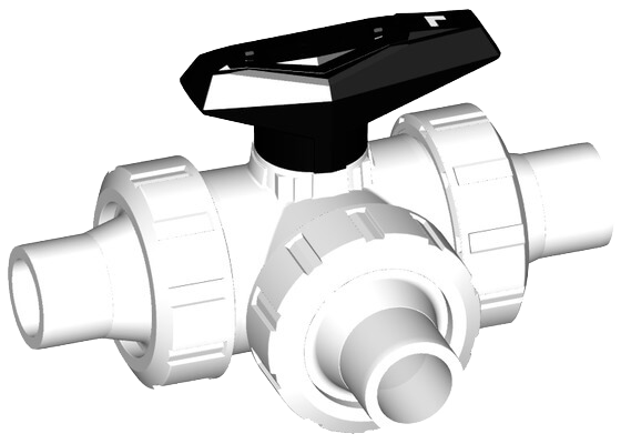 3-Way ball valve type 543 SYGEF Standard, horizontal, L-port, with socket fusion spigots metric