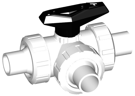 3-Way ball valve type 543 SYGEF Standard, horizontal, T-port, with butt fusion spigots IR-Plus metric