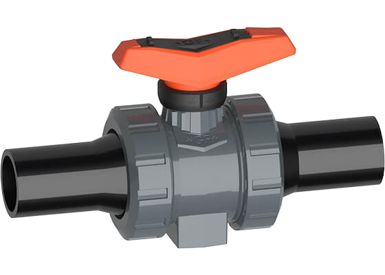 Ball valve type 546 Pro PVC-U, with mounting inserts, with butt fusion spigots long, PE100 SDR11 metric