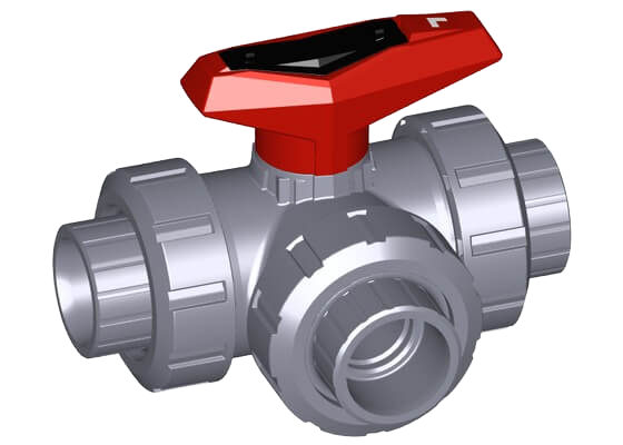 3-Way ball valve type 543 ABS, L-port, horizontal, with solvent cement sockets metric