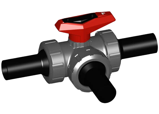 3-Way ball valve type 543 PVC-U, L-port, horizontal, with butt fusion spigots long PE100 SDR11 metric