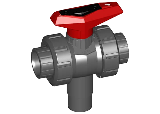 3-Way Ball valve type 543 PVC-U, L-port/vertical, with solvent cement sockets metric
