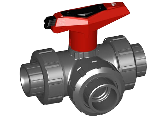 3-Way ball valve type 543 PVC-U, L-port, horizontal, with solvent cement sockets metric, with lockable handle
