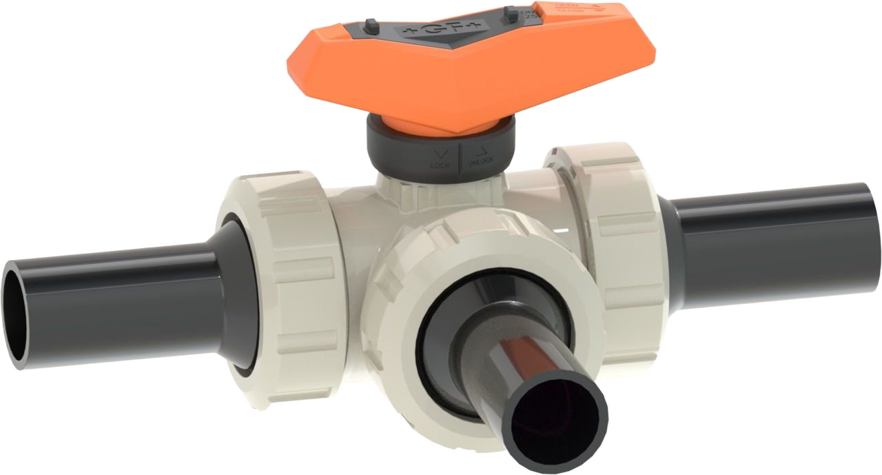 ecoFIT 3-Way ball valve type 543 Pro PP-H  Horizontal/T-port / With butt fusion spigots long / PE100 / SDR11 metric