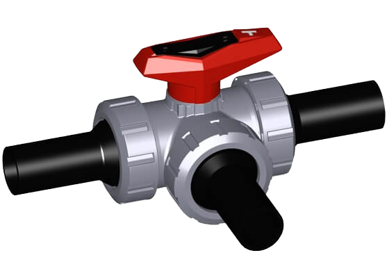 3-Way ball valve type 543, T-port, horizontal, with butt fusion spigots long PE100 SDR11 metric