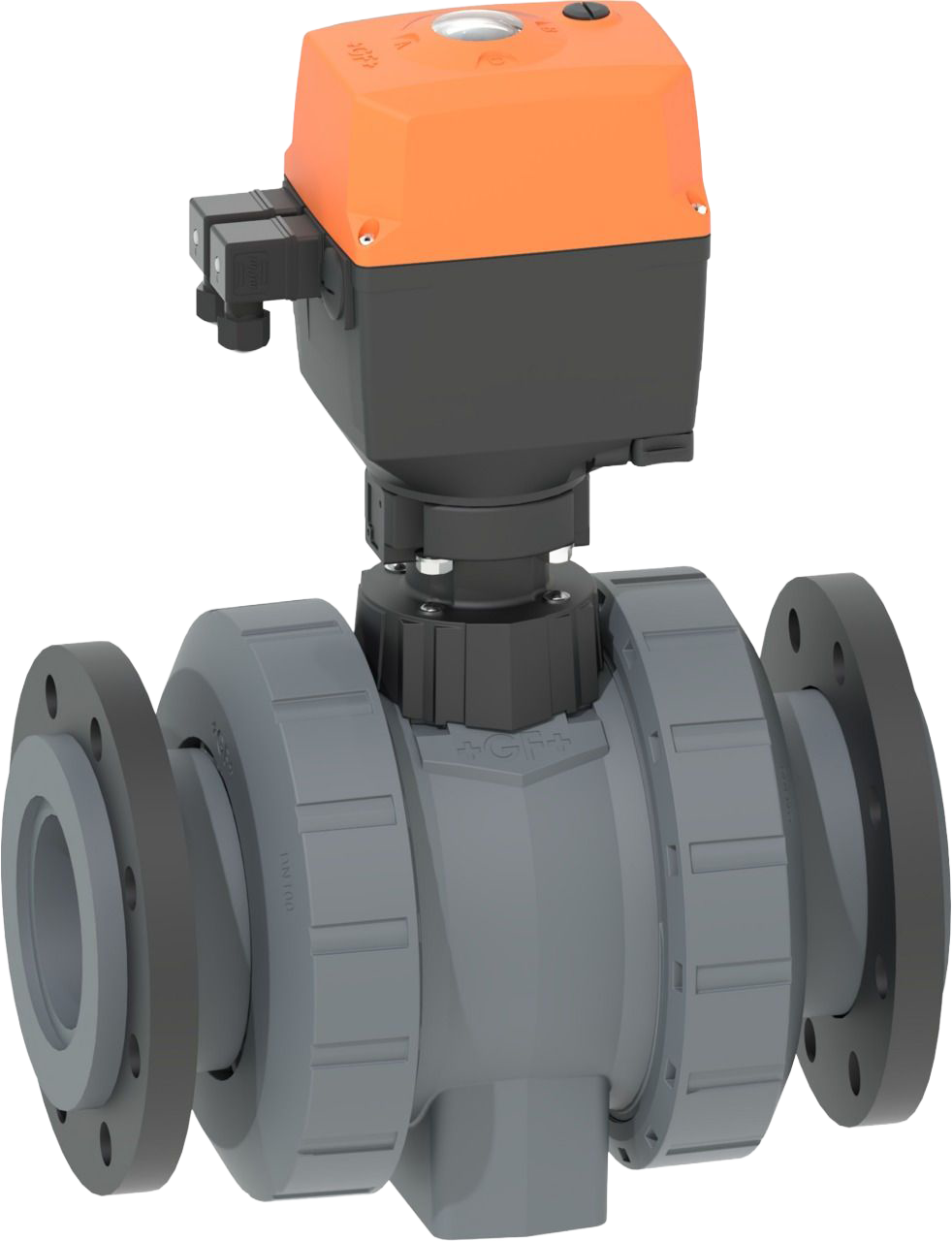 Kulový kohout typ 179 PVC-U, 100-230 V, s otočnými přírubami PP-st metric