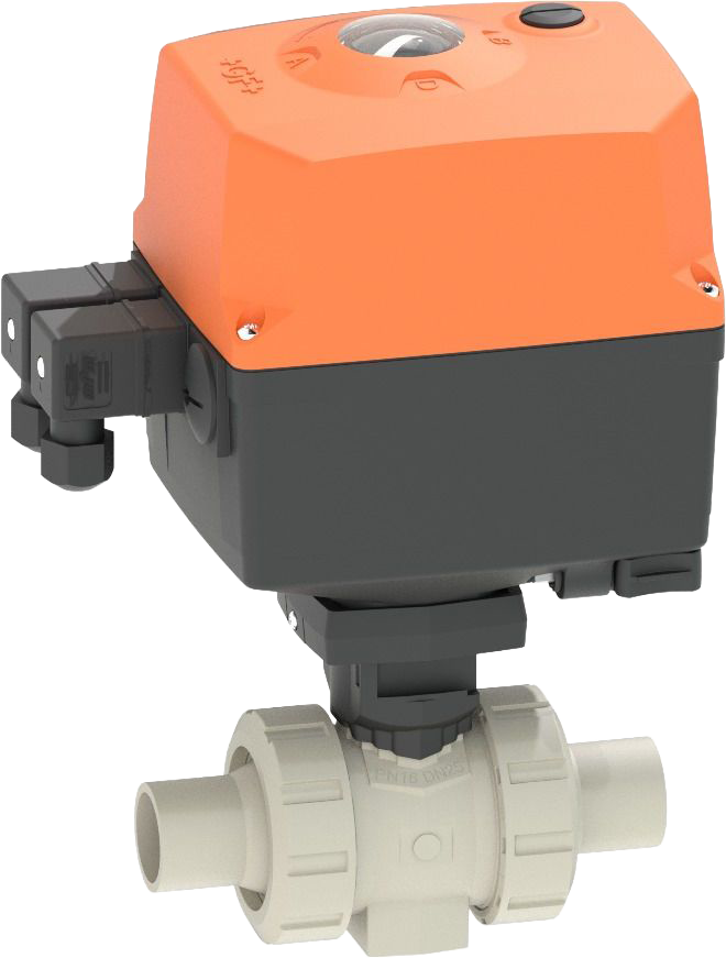 PROGEF Standard Ball valve type 180  24V / With manual emergency override / With butt fusion spigots / PP-H / SDR11 / ISO