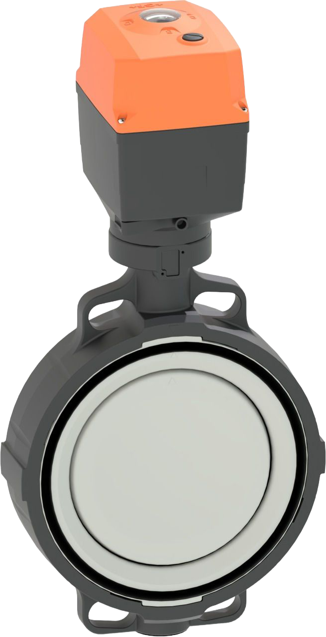 Wafer-style intermediate installation butterfly valve type 145 PVC-U With electric actuator 24V Without manual override Flange standard metric/ANSI/BS/JIS