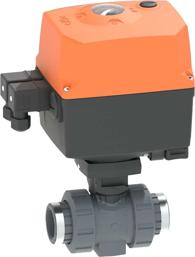 PVC-U Kugelhahn Typ 127  100-230V / Mit integrierter / Handnotbetätigung / Mit / Gewindemuffen / PVC-U / ISO / Rp