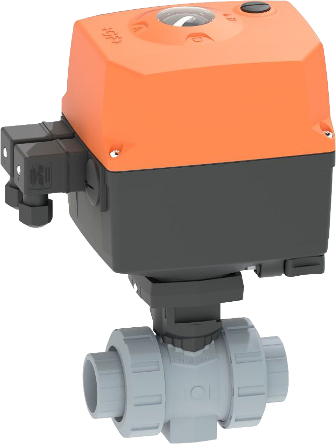 ABS Ball valve type 127  100-230V / With manual emergency override / With solvent cement sockets / ABS / ISO