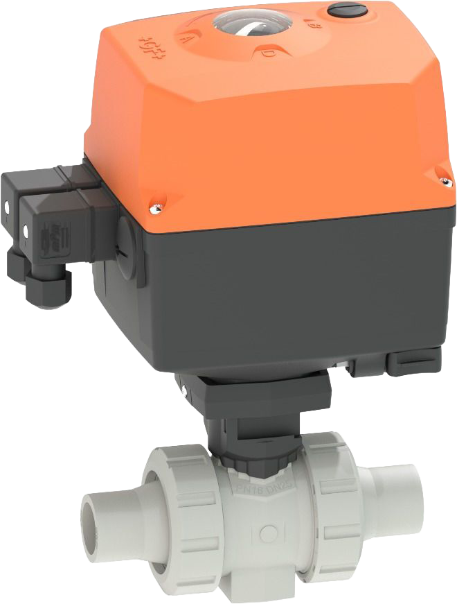 Kulový kohout typ 127 PVC-C, 24 V, s ručním nouzovým ovládáním, s hrdly pro lepení PVC-C ISO