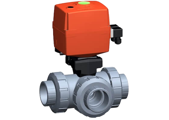 3-Way ball valve type 167 ABS, L-port, horizontal, 100-230 V, with solvent cement sockets metric