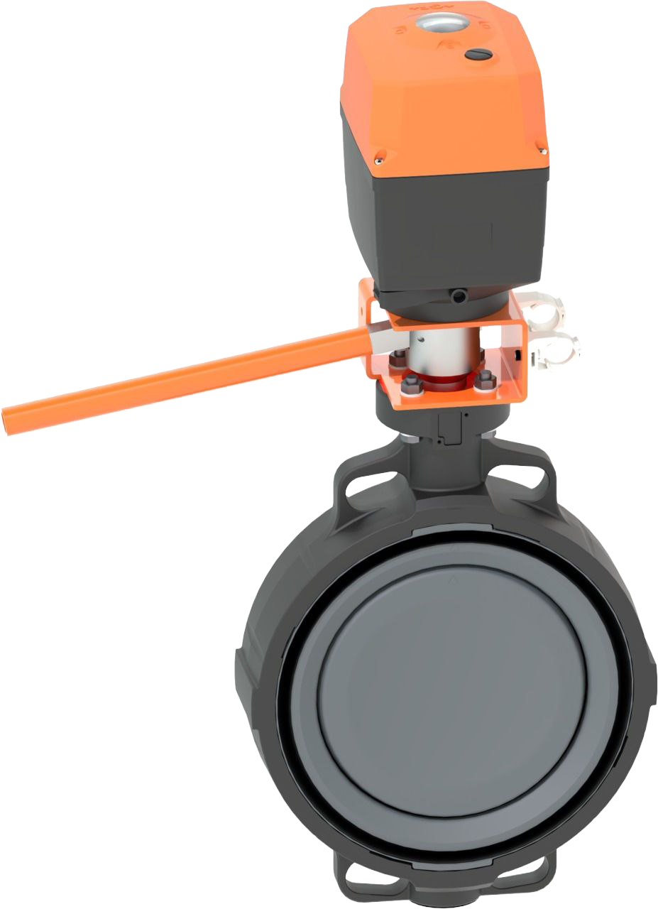 Wafer-style intermediate installation butterfly valve type 145 PVC-U With electric actuator 24V With manual override Flange standard metric/ANSI/BS/JIS