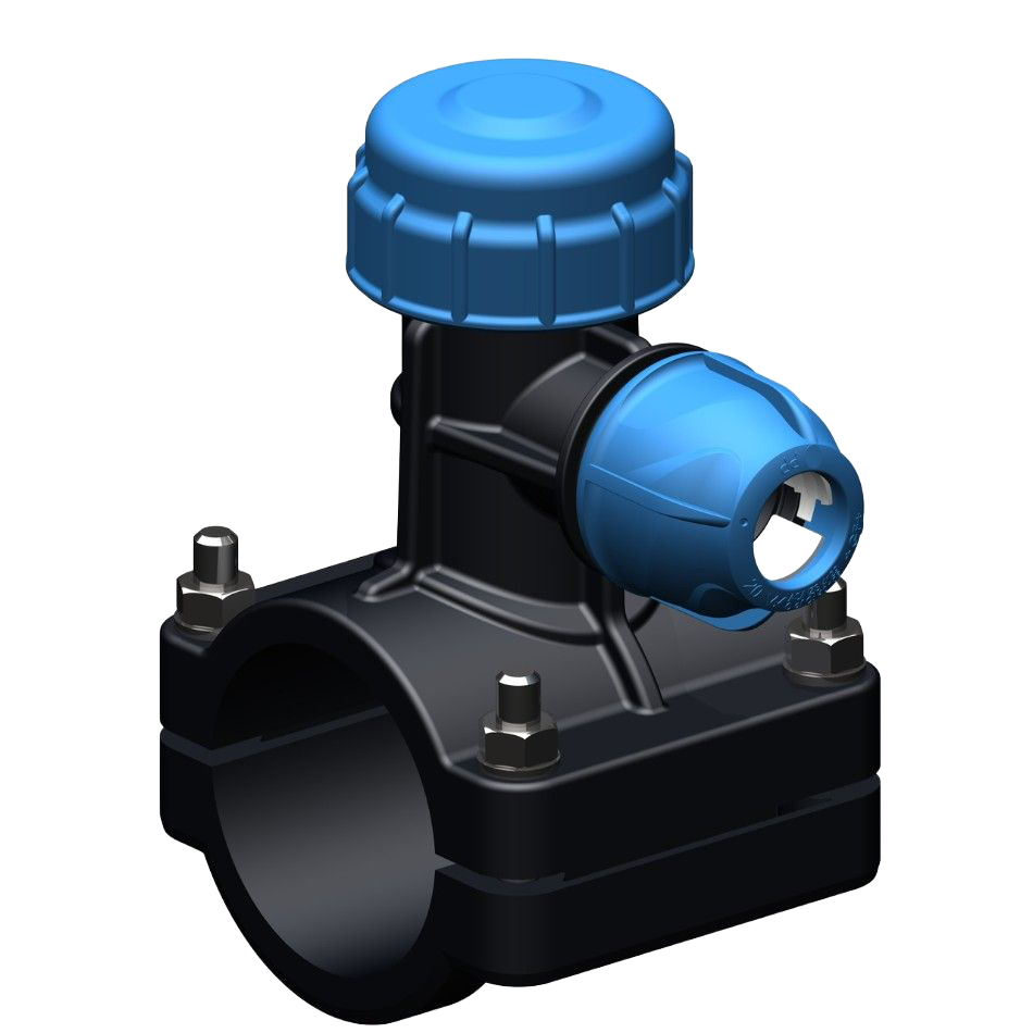 684C - Tapping Saddle for PE and PVC pipes with compression fitting offtake, flat gasket and stainless steel bolts and nuts