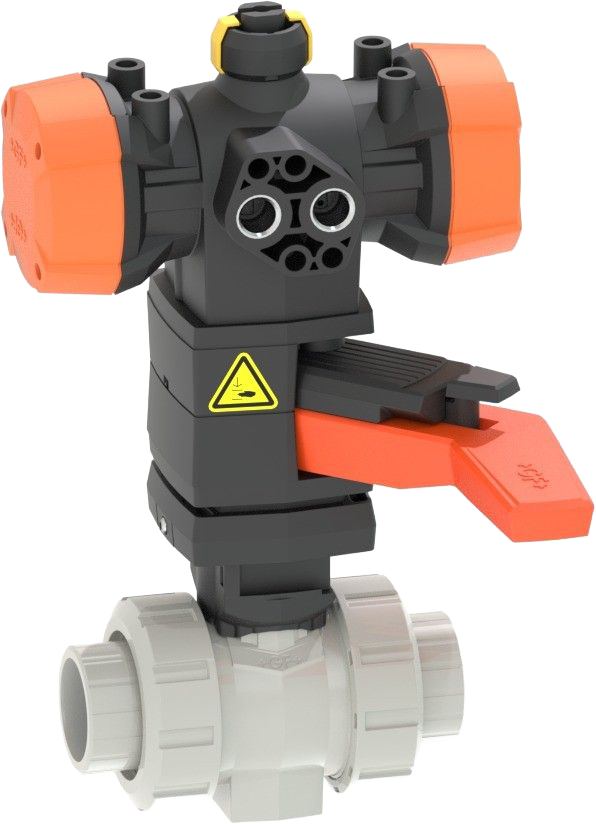 PVC-C Ball valve type 546 Pro with PPA, FC (fail safe to close)/With manual override/With solvent cement sockets metric