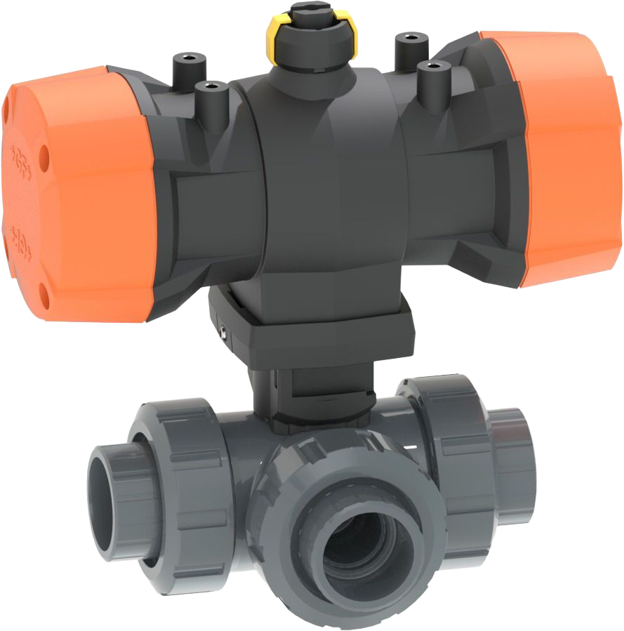 3-Way ball valve type 543 Pro P PVC-U  Horizontal/T-port FC (Fail safe to close), Without manual override, With solvent cement sockets metric