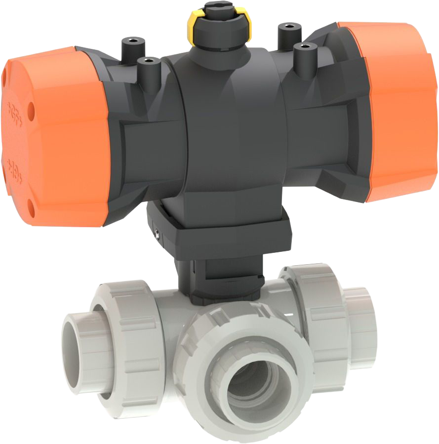 3-Way ball valve type 543 Pro P PVC-C  Horizontal/T-port FC (Fail safe to close), Without manual override, With solvent cement sockets metric