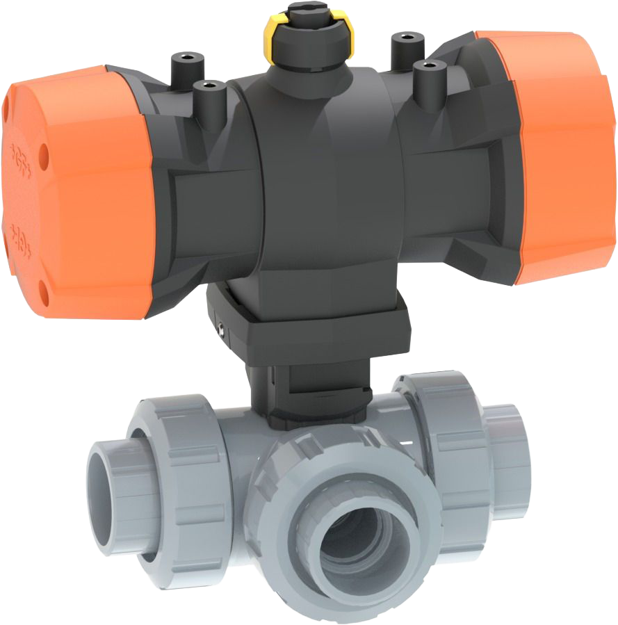3-Way ball valve type 543 Pro P ABS, Horizontal/T-port, Without manual override, With solvent cement sockets metric