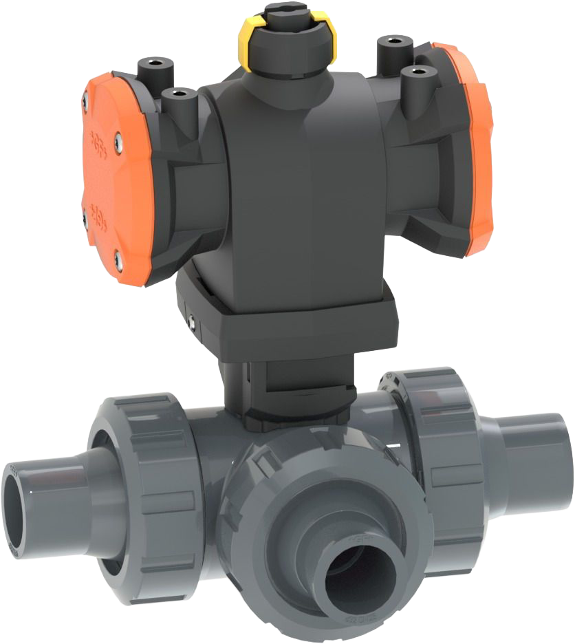 3-Way ball valve type 543 Pro P PVC-U, Horizontal/L-port, DA (Double acting), Without manual override, With solvent cement spigots metric