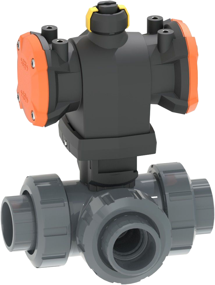 3-Way ball valve type 543 Pro P PVC-U  Horizontal/L-port DA (Double acting), Without manual override, With solvent cement sockets metric