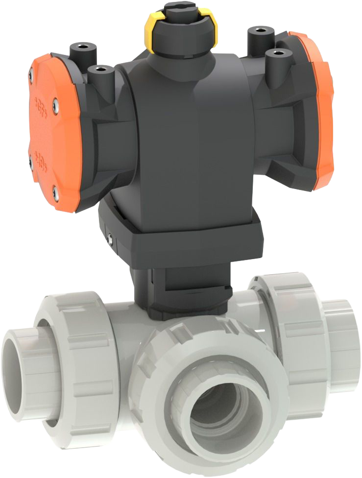 3-Way ball valve type 543 Pro P PVC-C, Horizontal/T-port, DA (Double acting), Without manual override, With solvent cement sockets metric