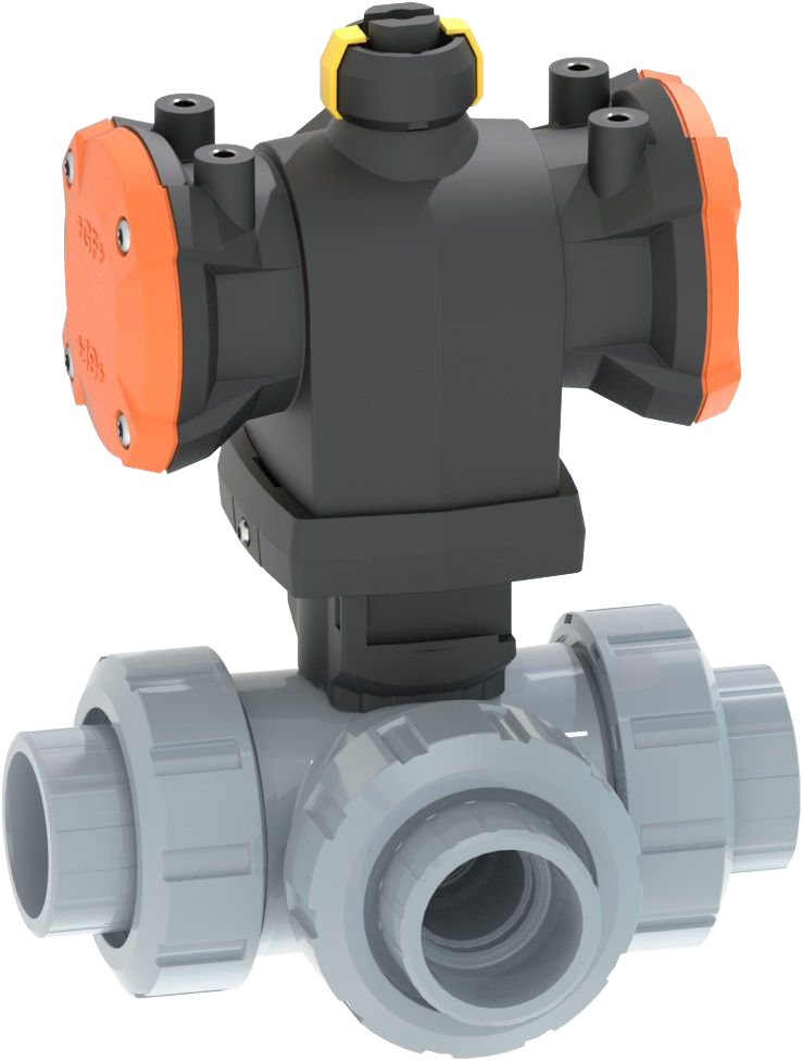 3-Way ball valve type 543 Pro P ABS, Horizontal/L-port, DA (Double acting), Without manual override, With solvent cement sockets metric