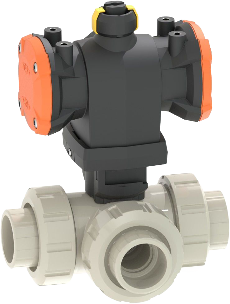 PROGEF Standard 3-Weg Kugelhahn Typ 543 Pro, Horizontal/T-Bohrung, DA (Doppelt wirkend), Ohne Handbetätigung, Mit Schweissmuffen metrisch