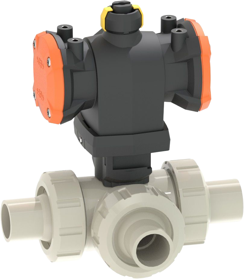 PROGEF Standard 3-Weg Kugelhahn Typ 543 Pro, Horizontal/T-Bohrung, DA (Doppelt wirkend), Ohne Handbetätigung, Mit Stumpfschweissstutzen IR-Plus SDR11 metrisch