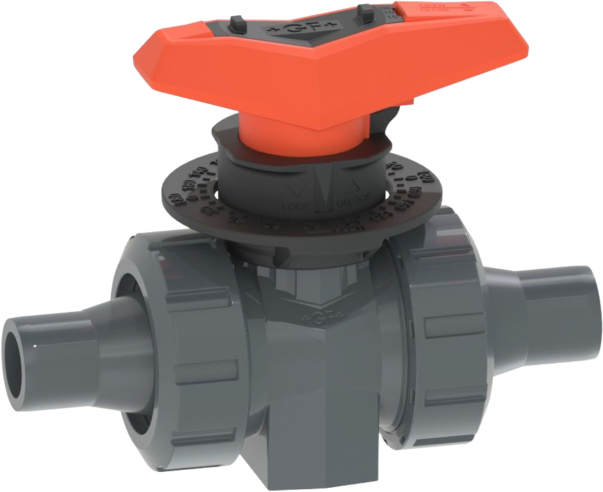 Dávkovací kulový kohout typ 523 Pro PVC-U Silicone free, s hrdly pro spojování lepením metric