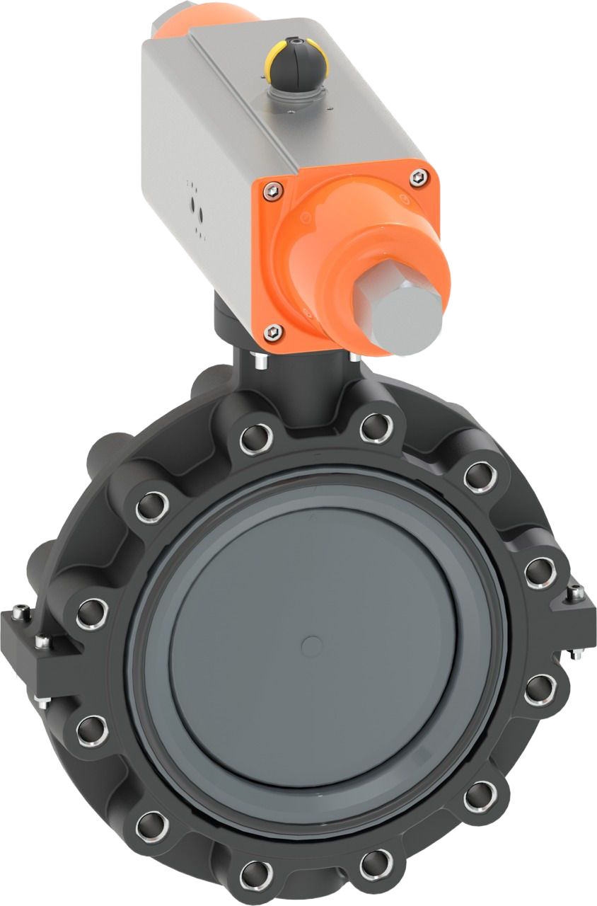 Lug-Style, Endeinbau Absperrklappe Typ 244 PVC-U  Mit pneumatischem Antrieb - Federkraft schliessend (FC) Ohne Handbetätigung Flansch Norm ANSI/ASME