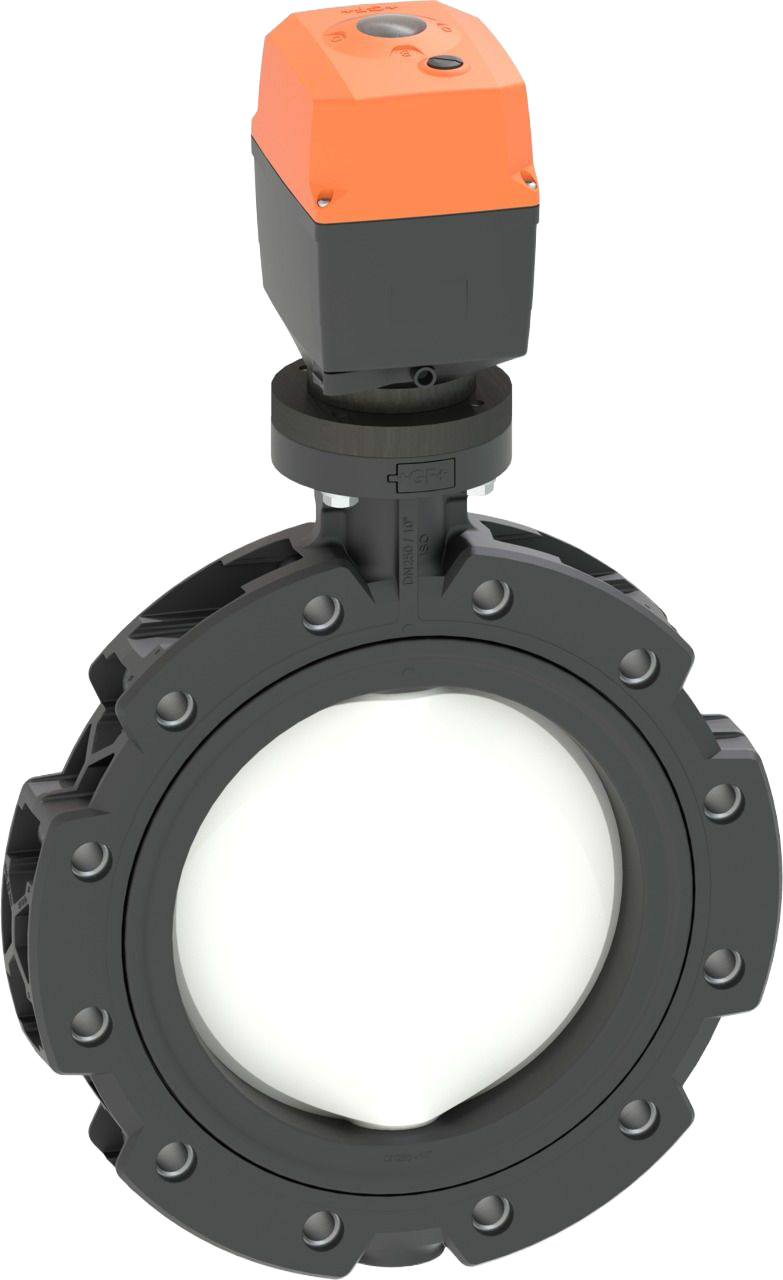 Koncová uzavírací klapka (LUG) typ 565L PVDF/PA-GF  s elektrickým pohonem 24 V, příruby ISO/Metric, vhodné pro ABS, PVC-U, PVC-C, ecoFIT, COOL-FIT a PROGEF systémy