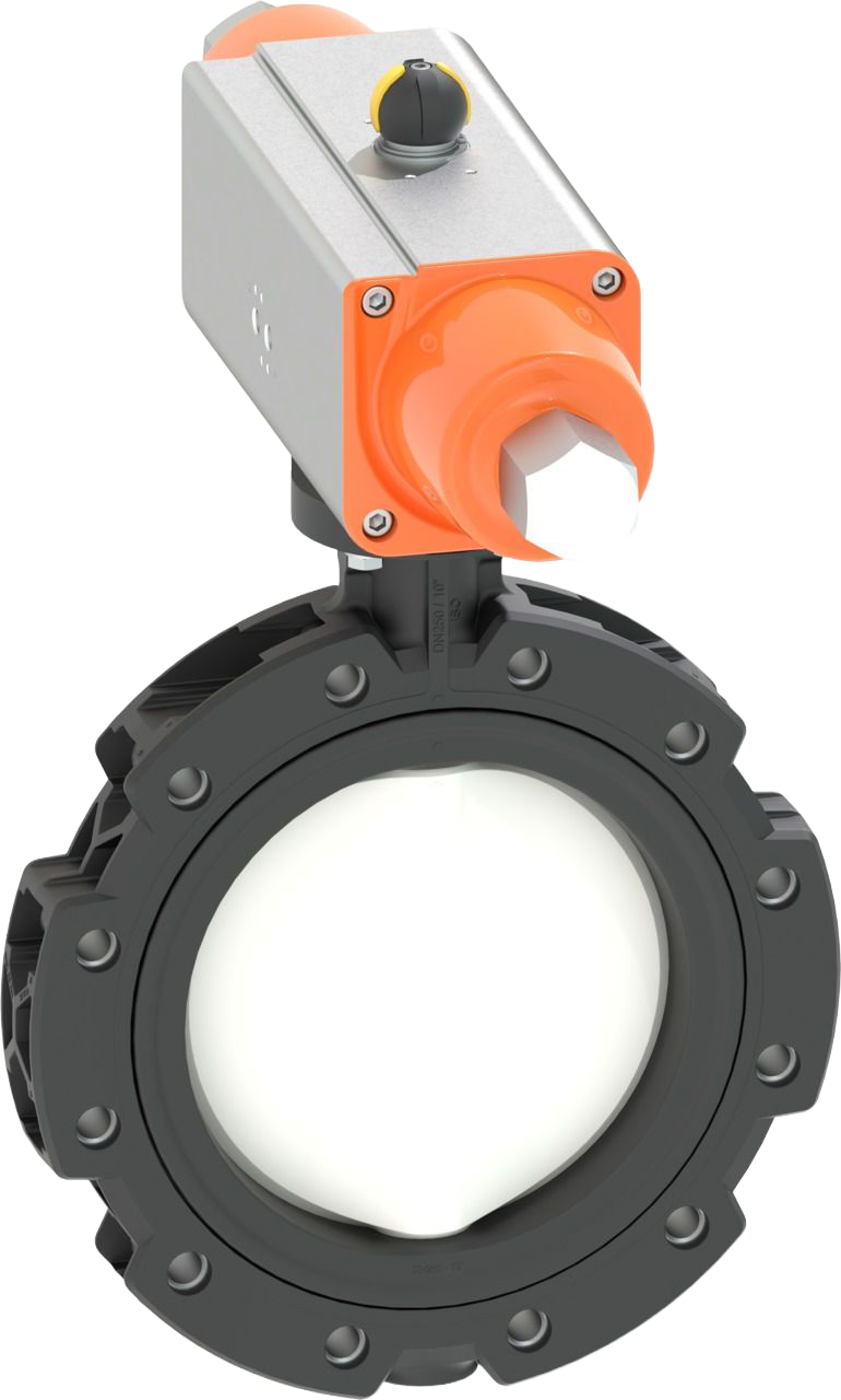 Koncová uzavírací klapka (LUG) typ 565L PVDF/PA-GF  s pneumatickým pohonem - FC (Bez tlaku zavřeno), příruby ISO/Metric, vhodné pro ABS, PVC-U, PVC-C, ecoFIT, COOL-FIT a PROGEF systémy