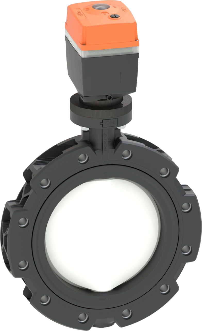 Koncová uzavírací klapka (LUG) typ 565L PVDF/PA-GF smart elektrický pohon dEA 24 V, příruby ISO/Metric, vhodné pro ABS, PVC-U, PVC-C, eco-FIT, COOL-FIT a PROGEF systémy