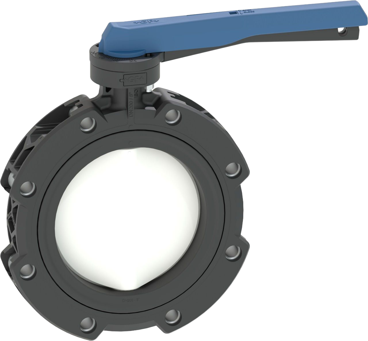 Koncová uzavírací klapka (LUG) typ 565L PVDF/PA-GF s ruční pákou, příruby ISO/Metric, vhodné pro ABS, PVC-U, PVC-C, ecoFIT, COOL-FIT a PROGEF systémy