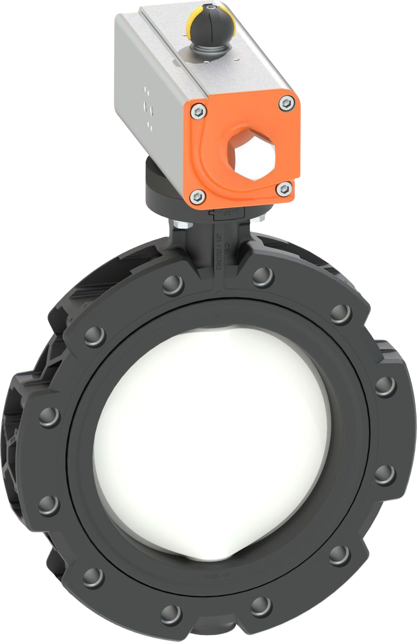 Koncová uzavírací klapka (LUG) typ 565L PVDF/PA-GF, s pneumatickým pohonem DA (Dvojčinný), příruby ANSI / ASTM / ASME, vhodné pro ABS, PVC-U, PVC-C, ecoFIT, COOL-FIT a PROGEF systémy