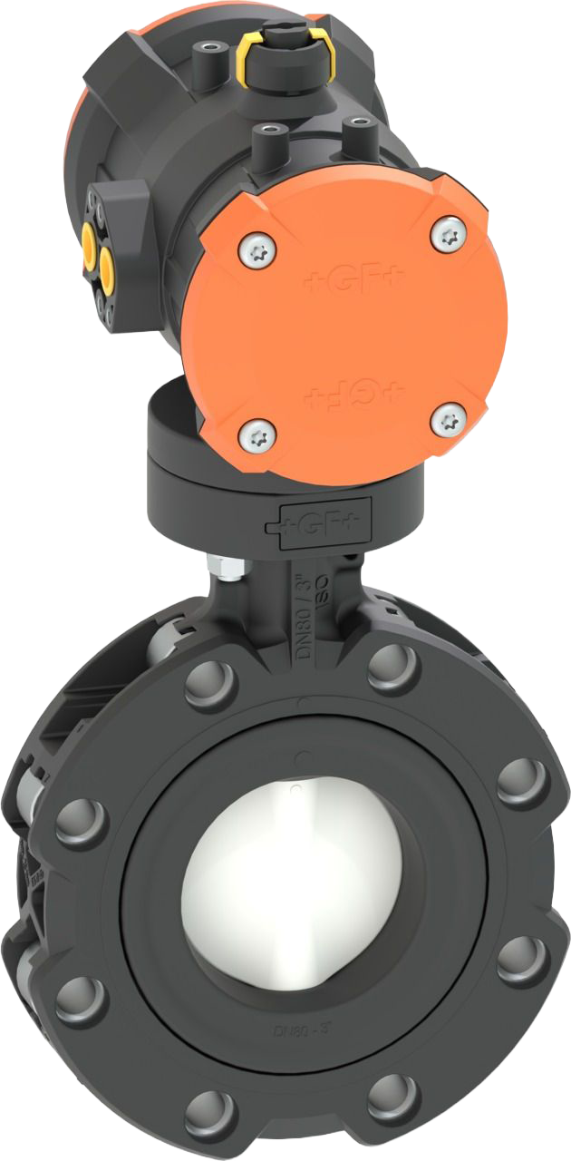 Koncová uzavírací klapka (LUG) typ 565L PVDF/PA-GF s pneumatickým pohonem - DA (Dvojčinný), příruby ANSI / ASTM / ASME, vhodné pro ABS, PVC-U, PVC-C, ecoFIT, COOL-FIT a PROGEF systémy