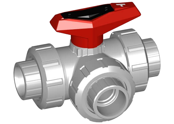 3-Way ball valve type 543 PVC-C, T-port, Horizontal, with solvent cement sockets metric
