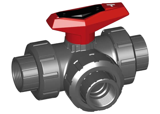 3-Way ball valve type 543 PVC-U, T-port, Horizontal, with threaded sockets Rp