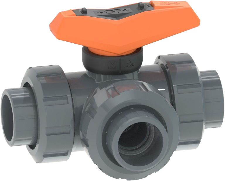 3-Way ball valve type 543 PVC-U, T-port, Horizontal, with solvent cement sockets metric
