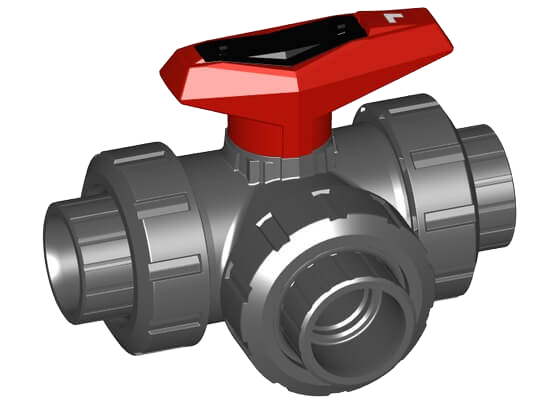 3-Way ball valve type 543 PVC-U, L-port, Horizontal, with solvent cement sockets metric