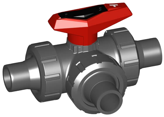 3-Way ball valve type 543 PVC-U, T-port, Horizontal, with solvent cement spigots metric
