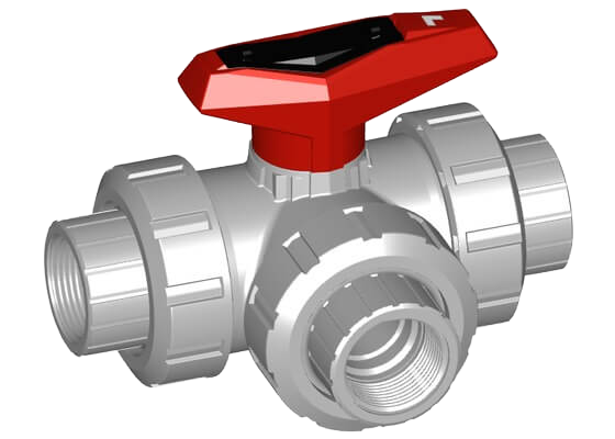 3-Way ball valve type 543 PVC-C, L-port, Horizontal, with threaded sockets Rp