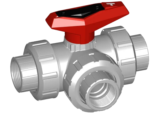 3-Way ball valve type 543 PVC-C, T-port, Horizontal, with threaded sockets Rp