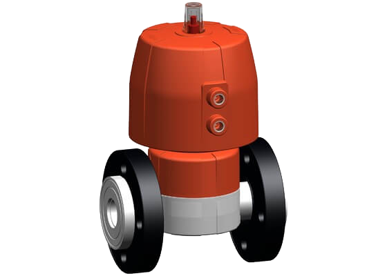 Diaphragm valve type DIASTAR 10 SYGEF Standard, FO (Fail safe to open), with backing flanges  PP-V metric/BS